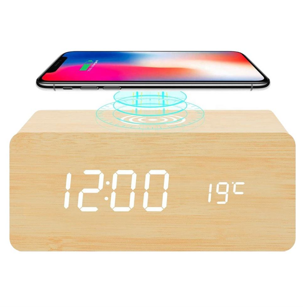 Wooden LED Digital Alarm Clock with Wireless Charger