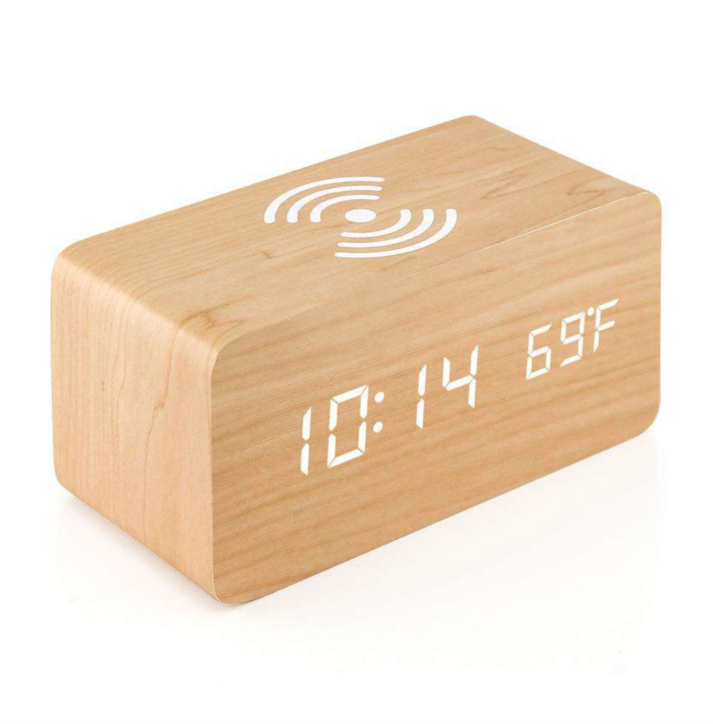 Wooden LED Digital Alarm Clock with Wireless Charger