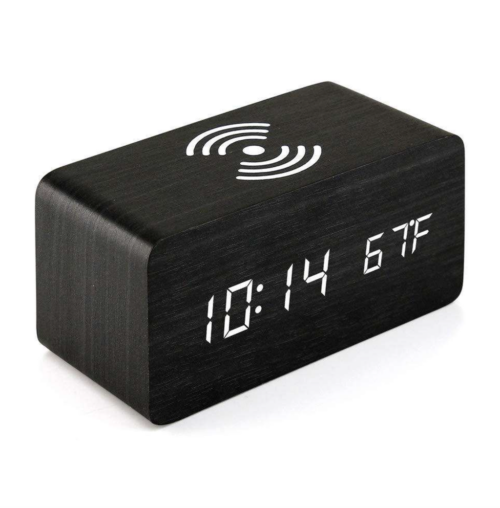Wooden LED Digital Alarm Clock with Wireless Charger