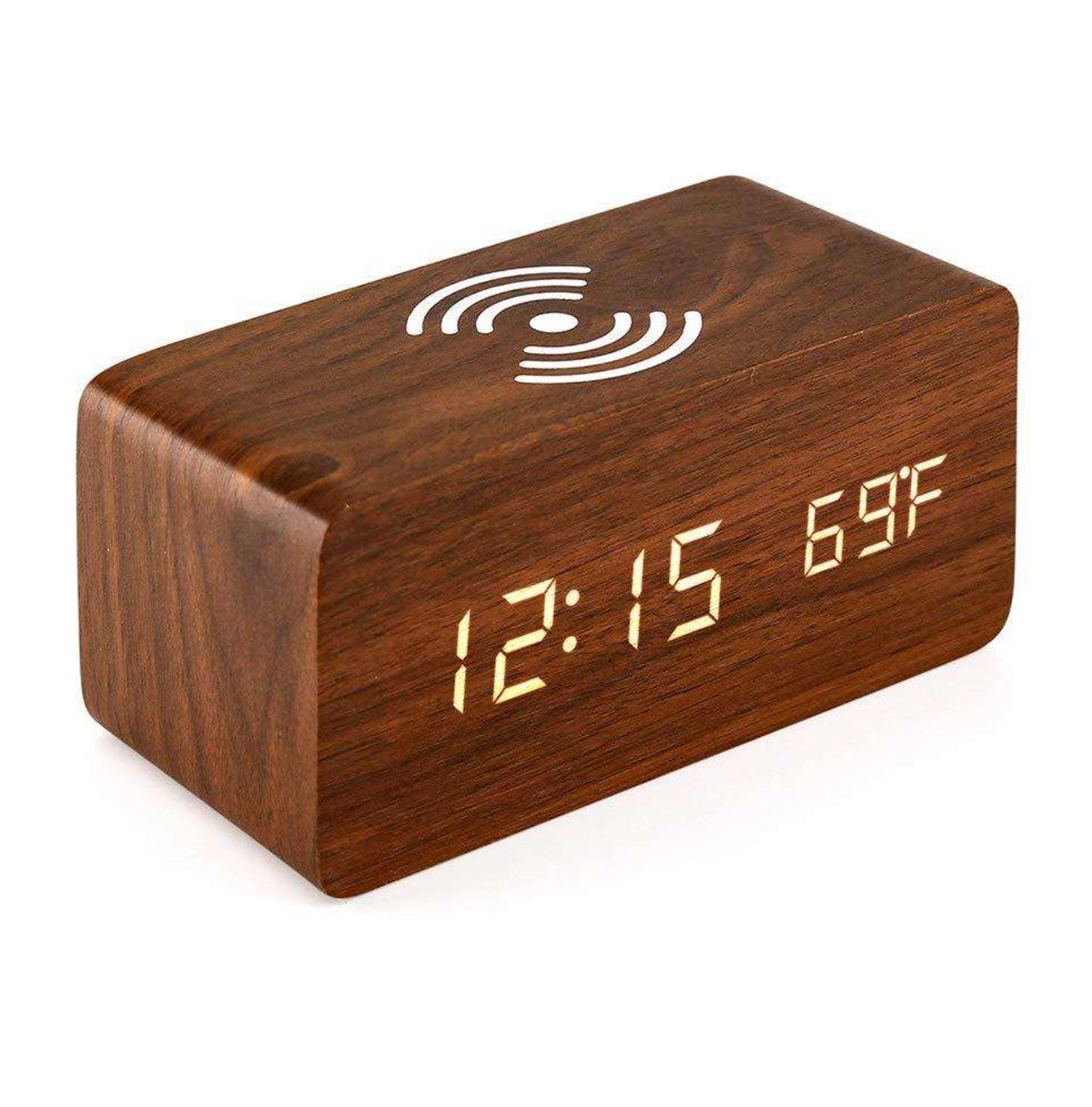 Wooden LED Digital Alarm Clock with Wireless Charger
