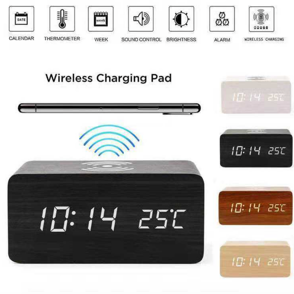 Wooden LED Digital Alarm Clock with Wireless Charger